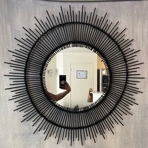 Black Bamboo Sunburst Round Hanging Mirror